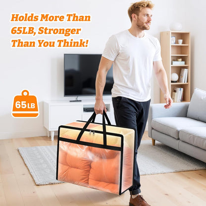 BlissTotes Clear Clothes Storage Bags - 4 Pack Foldable Under Bed Containers with Sturdy Zipper (40L)