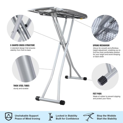 oleaf Ironing Board with Cover and Thicken Pad 43 x 13 Height Adjustable Full Size Foldable Iron Board with Iron Rest, Stable Steel Legs, Metal Construction, Heat Resistant, Silver