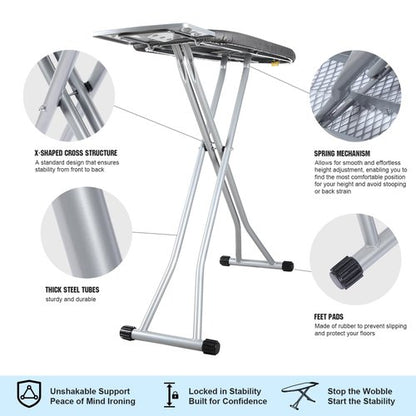 oleaf Ironing Board with Cover and Thicken Pad 43 x 13 Height Adjustable Full Size Foldable Iron Board with Iron Rest, Stable Steel Legs, Metal Construction, Heat Resistant, Silver