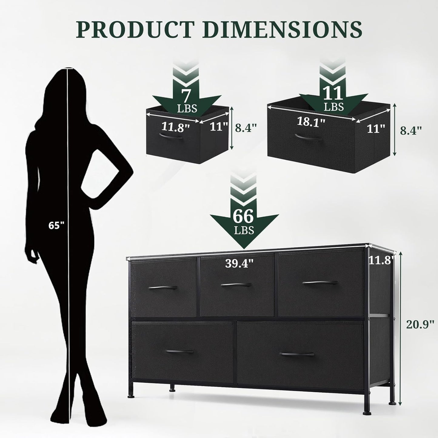 5-Drawer Dresser by [Brand Name] - Anti-Tip Fabric Storage Organizer with Wooden Top | Black