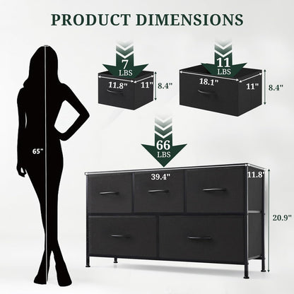 5-Drawer Dresser by [Brand Name] - Anti-Tip Fabric Storage Organizer with Wooden Top | Black