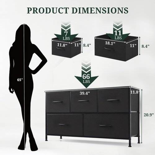 5-Drawer Dresser for Bedroom, Anti-Tip Wide Storage Organizer Fabric Chest of Drawers TV Stand for 45" TV with Wooden Top and Metal Frame for Closet, Living Room, Hallway, Entryway, Black