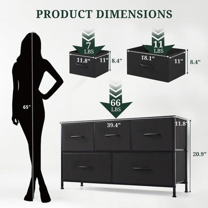 5-Drawer Dresser for Bedroom, Anti-Tip Wide Storage Organizer Fabric Chest of Drawers TV Stand for 45" TV with Wooden Top and Metal Frame for Closet, Living Room, Hallway, Entryway, Black