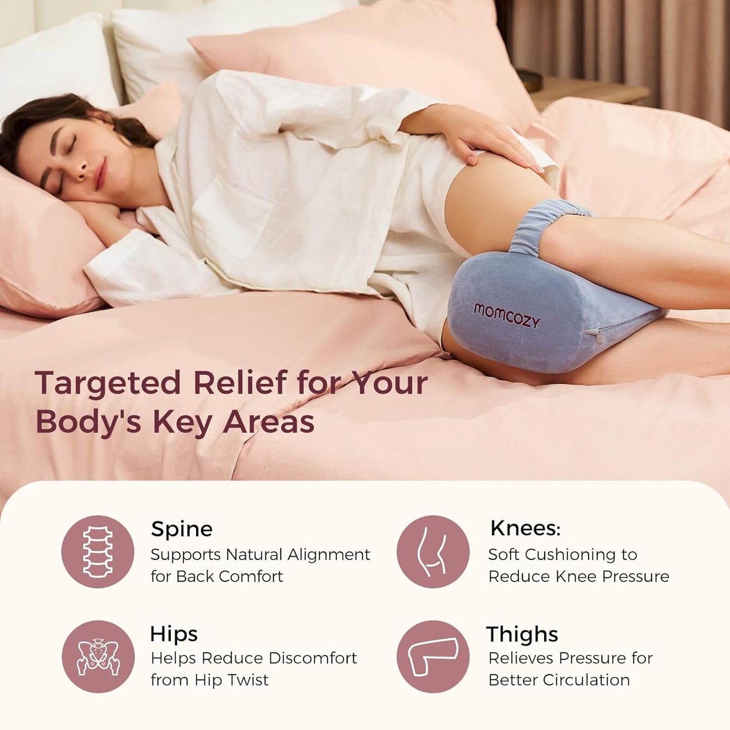 Momcozy Knee Pillow - Soft Memory Foam for Side Sleepers | Adjustable Elastic Strap, Gray Crystal Velvet