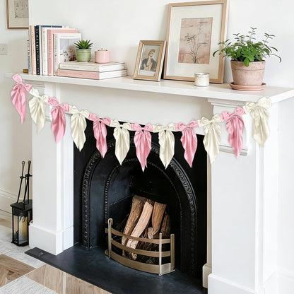 Skiennix White Pink Bow Garland Banner - Elegant Satin Ribbon Decor for Bridal Showers & Parties | 6ft