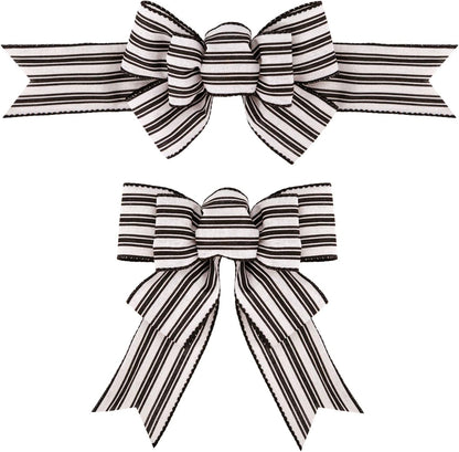 Meseey Wired Ribbon Bows - Handmade Black and White Striped Burlap for Wreaths & Gift Wrapping | 2 Pcs