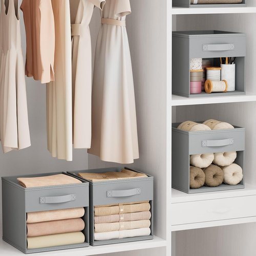 DIMJ Storage Cubes - 11x11 Inch Collapsible Storage Bins with Window | 6-Pack Grey Organizers for Clothes, Toys, Books