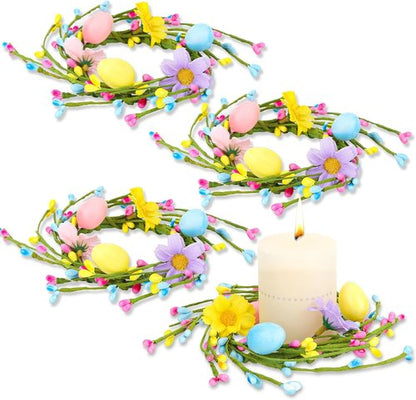 Jansun Easter Candle Rings - 4 Pcs Mini Wreaths with Pink & Blue Eggs for Table Centerpieces