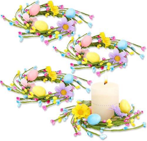 Jansun Easter Candle Rings - 4 Pcs Mini Wreaths with Pink & Blue Eggs for Table Centerpieces