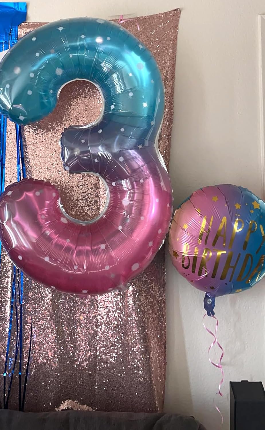 Numbers Balloon - 40 Inch Large Pink, Purple & Blue Birthday Decor for Three-Year-Old Celebrations