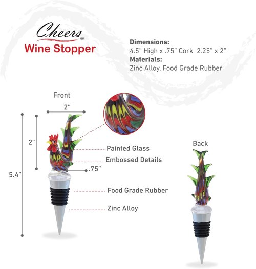 Cheers Rooster Glass Wine Stopper - Elegant Vacuum Seal Reusable Chicken Animal Farm Life Wine Bottle Stopper Airtight Leak Proof Bottle Topper Cork Plug, Cute Home Decor & Bar Tool Accessory Gift