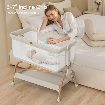 Skiennix Baby Bassinet - 3-in-1 Bedside Sleeper with Mattress & Full-Mesh Sides | 6-Height Adjustable