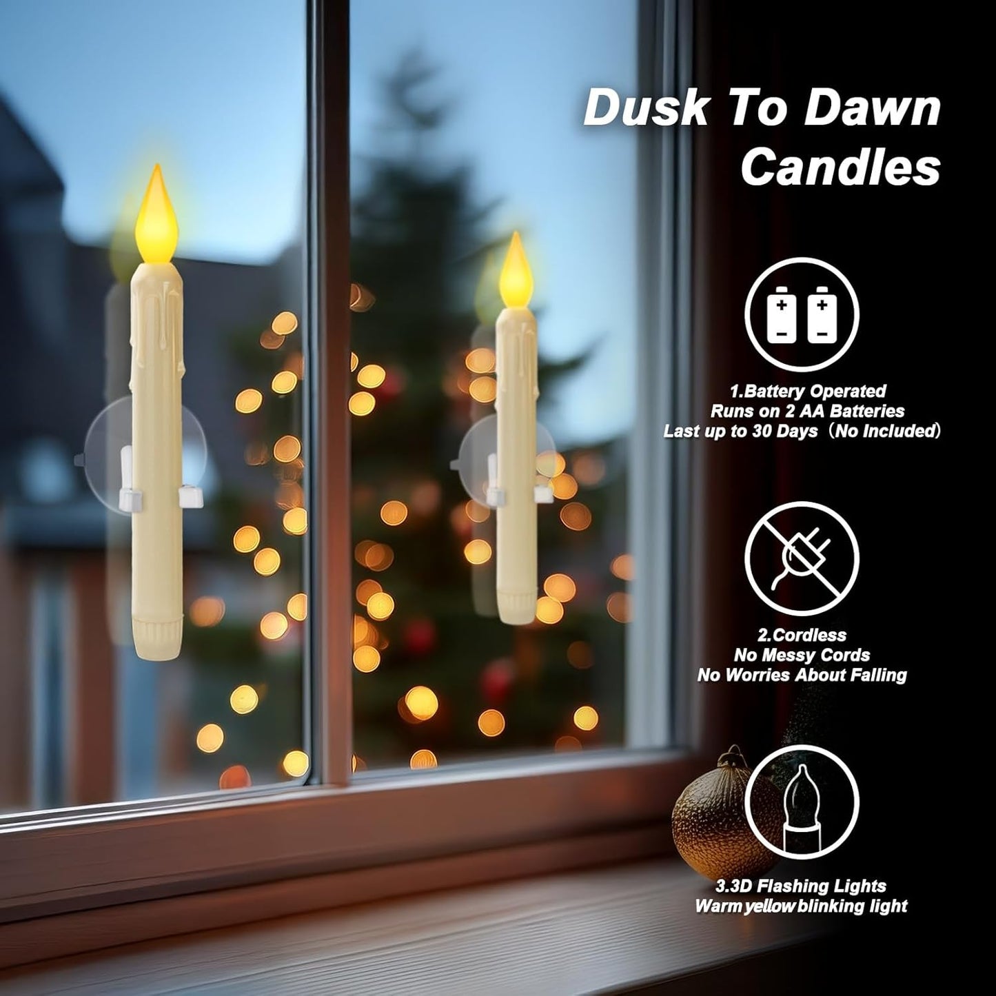 Skiennix 6 Pcs Sensor Window Candles - Flickering LED Lights with Suction Cups | Warm Yellow Glow for Xmas Decor