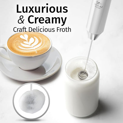 Zulay Kitchen Rechargeable Milk Frother Handheld Lux - Powerful 2-Speed Motor, Waterproof, 2000mAh Battery - Drink Mixer for Latte, Cappuccino, Matcha & Protein Powder - Snow White