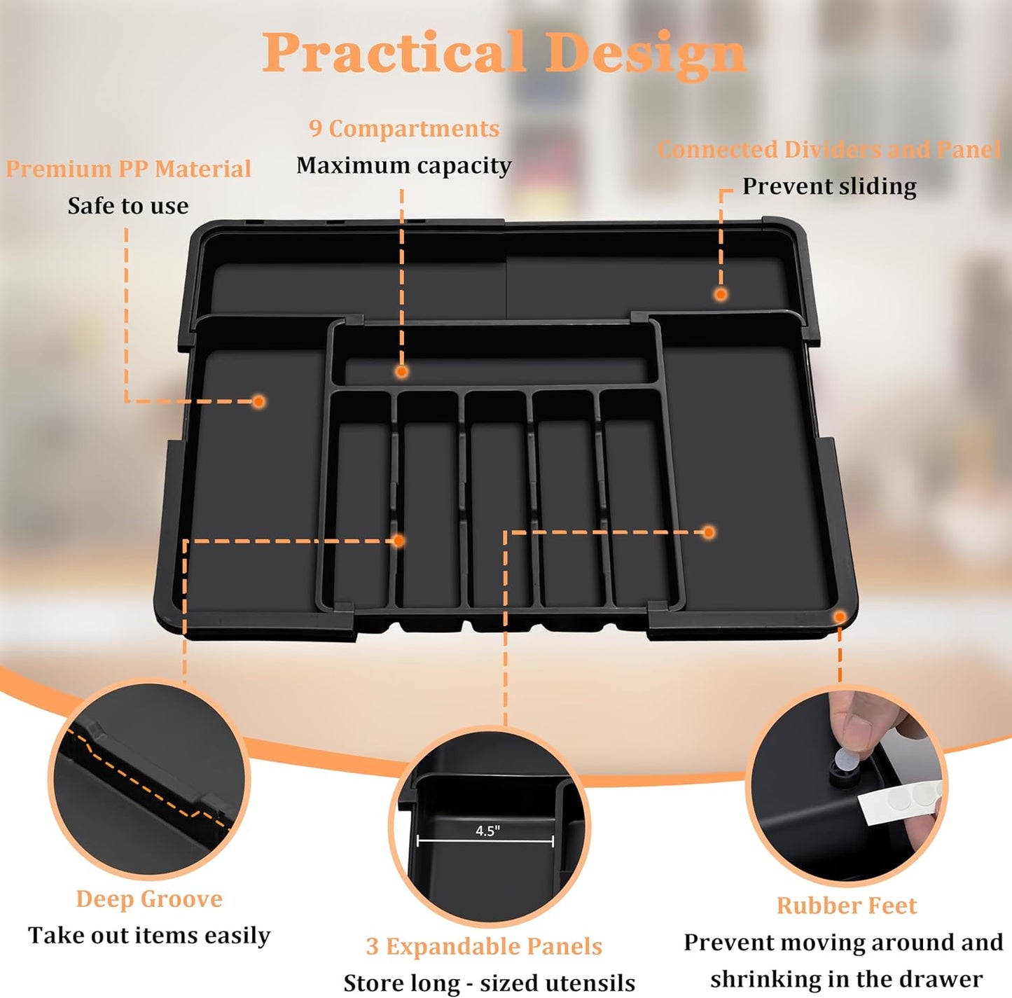 Spaclear Silverware Organizer - Expandable Kitchen Utensil Tray | Adjustable BPA-Free Cutlery Storage, Black