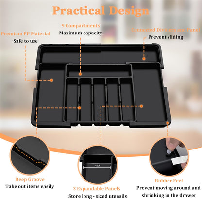Spaclear Silverware Organizer - Expandable Kitchen Utensil Tray | Adjustable BPA-Free Cutlery Storage, Black
