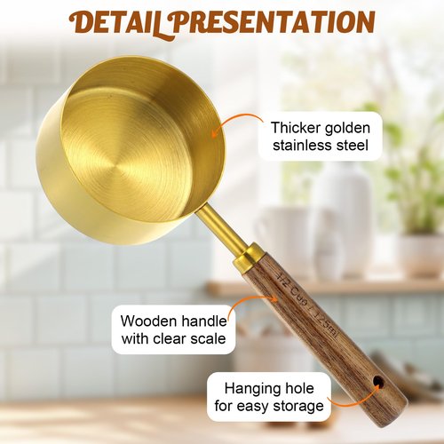 8 Piece Premium Stainless Steel Measuring Cups with Wood Handles, Gold Measuring Cups and Spoons Set,4 Stackable Wooden Measuring Cups and 4 Measuring Spoons Set for Baking Supplies in the Kitchen