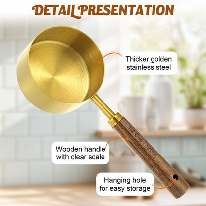 8 Piece Premium Stainless Steel Measuring Cups with Wood Handles, Gold Measuring Cups and Spoons Set,4 Stackable Wooden Measuring Cups and 4 Measuring Spoons Set for Baking Supplies in the Kitchen