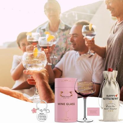 2026 Retirement Gifts for Women, Personalized Art Words Red Wine Glass Set, Pink Gift Package with Goblet, Key Chain, Wine Bag, and Farewell Card for Retired Woman
