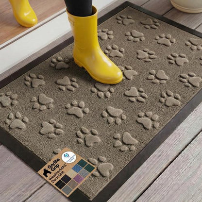 GORILLA GRIP Waterproof All-Season WeatherMAX Doormat - Natural Rubber, Stain & Fade Resistant, 29x17, Tan Pawprints
