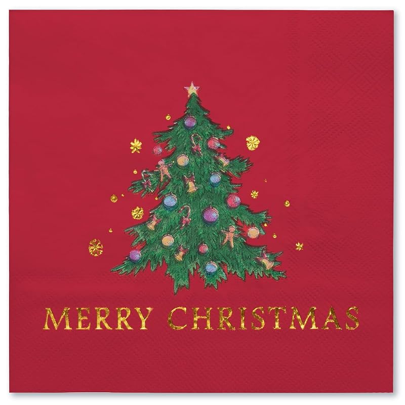 5 x 5 Inch 50-Count 3-Ply Christmas Tree Red Paper Napkins - Wrapped Pack