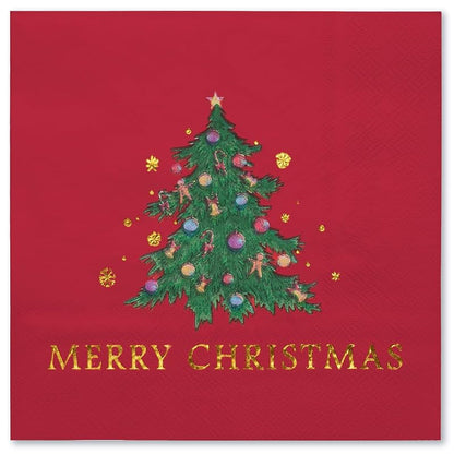 5 x 5 Inch 50-Count 3-Ply Christmas Tree Red Paper Napkins - Wrapped Pack