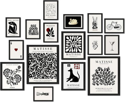 Anerza 16 PCS Black and White Matisse Abstract Wall Art Decor | Minimalist Gallery Prints for Bedroom & Living Room