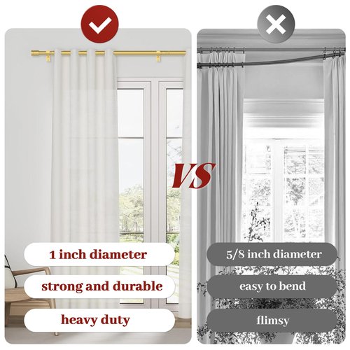 Kuianroll Heavy Duty Stainless Steel Curtain Rods, 1 Inch Diameter, 66 to 120 Inch, Gold, Wall Mounted, 40 lbs Weight Capacity