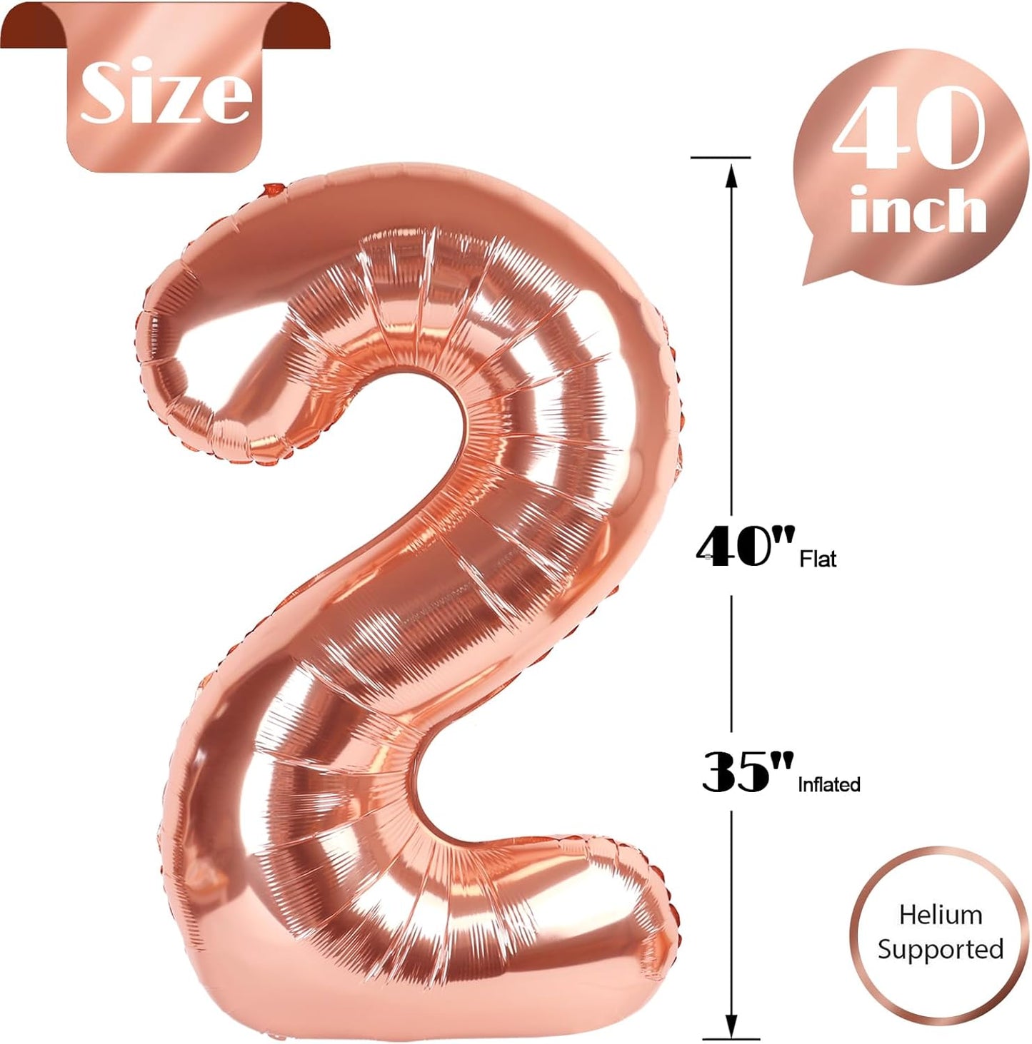 Rose Gold Number 2 Balloon - 40 Inch Birthday Decoration for Second Birthday Party Supplies