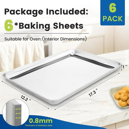 BIEAMA Stainless Steel Baking Sheet Pans - 6 Pack Cookie Sheets for Toaster Oven | Rust-Resistant, Dishwasher Safe, 17.3" L × 12.2" W × 1" H