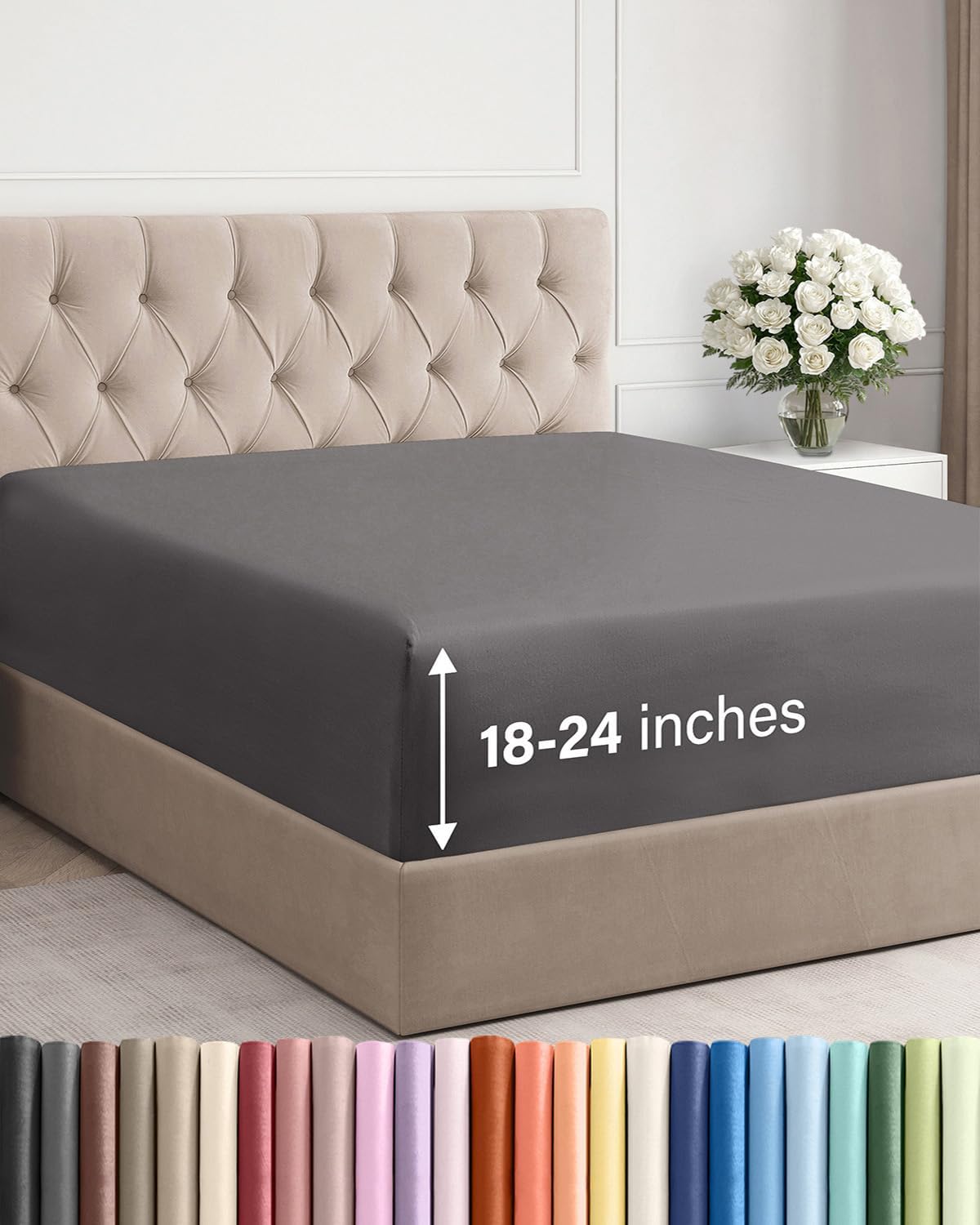 Skiennix Extra Deep Queen Fitted Sheet - Ultra Soft, Wrinkle-Free - Fits 18-24 Inch Mattresses - Dark Grey