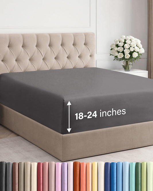 Skiennix Extra Deep Queen Fitted Sheet - Ultra Soft, Wrinkle-Free - Fits 18-24 Inch Mattresses - Dark Grey