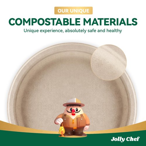 JOLLY CHEF Compostable Heavy Duty Plates 𝟭𝟬 𝗜𝗻𝗰𝗵 [𝟱𝟬𝟬 𝗣𝗮𝗰𝗸] Eco-Friendly Disposable Paper Plates Natural Bagasse Biodegradable Sugarcane Bulk for Party Hot Cold Dinner Christmas (Brown)