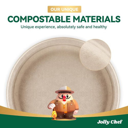 JOLLY CHEF Compostable Heavy Duty Plates 𝟭𝟬 𝗜𝗻𝗰𝗵 [𝟱𝟬𝟬 𝗣𝗮𝗰𝗸] Eco-Friendly Disposable Paper Plates Natural Bagasse Biodegradable Sugarcane Bulk for Party Hot Cold Dinner Christmas (Brown)