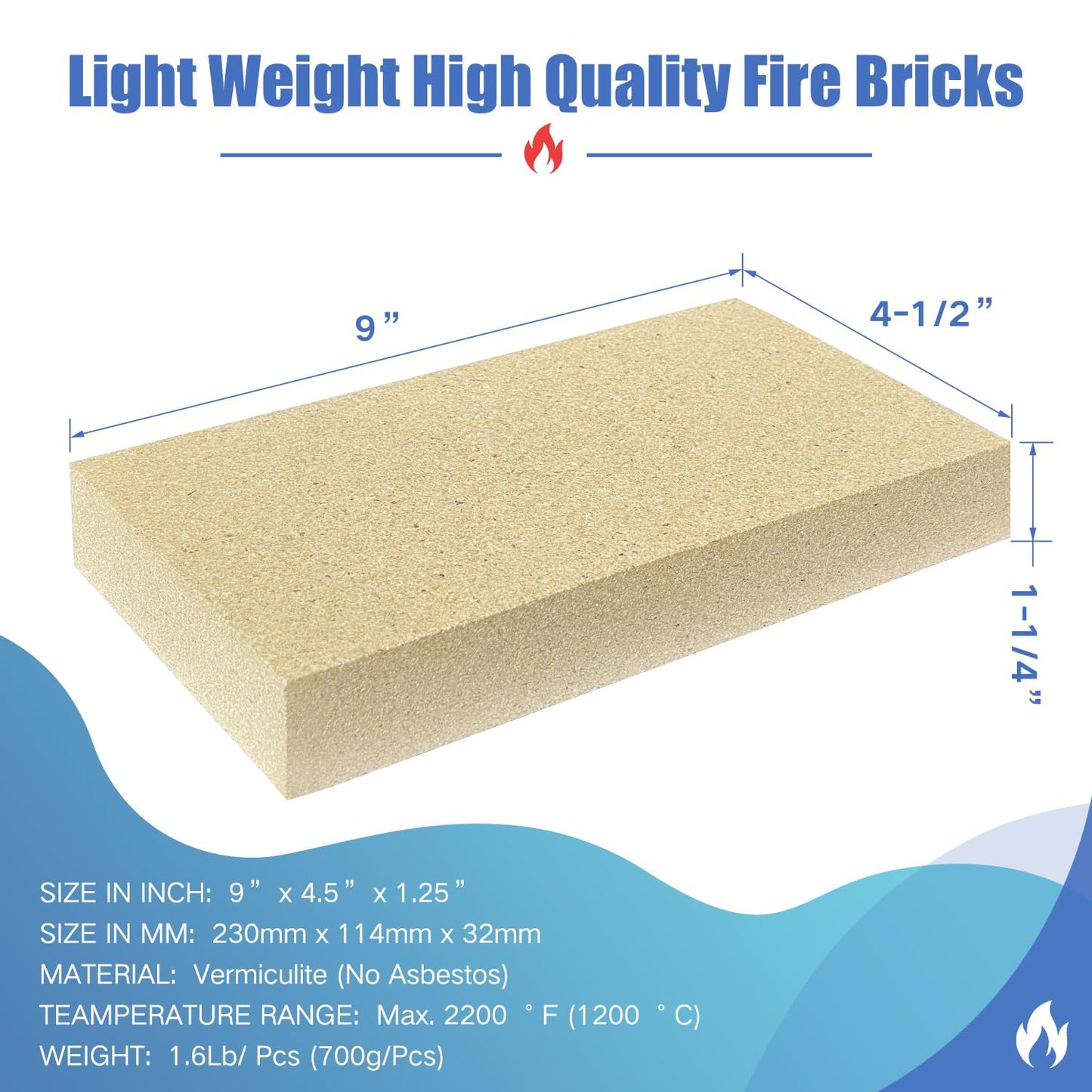 Protalwell Fire Bricks, Woodstove Firebricks, Size 9″ x 4-1/2″ x 1-1/4″, 6 Pieces, Light Weight Firebricks Replacement for Wood Stoves and Fireplaces