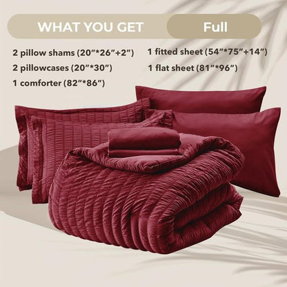 HYMOKEGE Burgundy Comforter Set - Luxurious 7-Piece All-Season Bedding Set with Sheets & Pillowcases