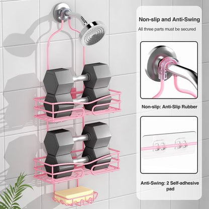 DAOYA Pink 3-Tier Shower Caddy - Overhead Organizer with Soap Holder & 6 Hooks for Bathroom Storage