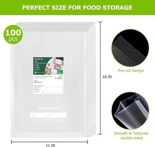Bonsenkitchen Vacuum Sealer Bags - Heavy Duty Food Grade, BPA Free, 100 Gallon, 11" x 16" Size | Ideal for Meal Prep & Sous Vide Cooking