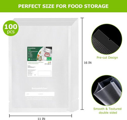 Bonsenkitchen Vacuum Sealer Bags - Heavy Duty Food Grade, BPA Free, 100 Gallon, 11" x 16" Size | Ideal for Meal Prep & Sous Vide Cooking