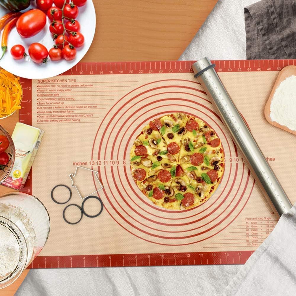 Skiennix Extra Thick Silicone Baking Mat - Large Non-Stick Pastry Mat with Measurements (16" x 24", Red)