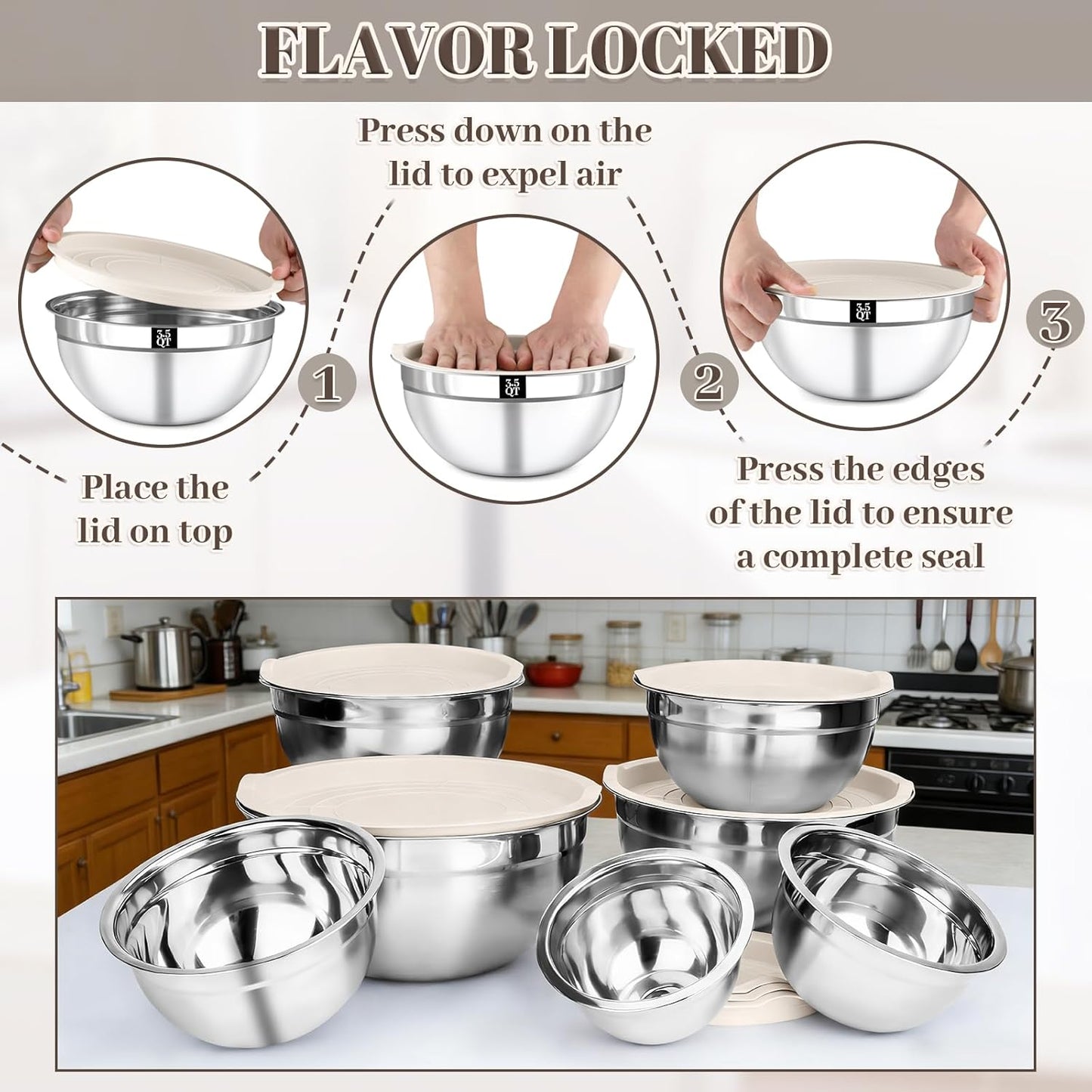 Stainless Steel Mixing Bowls Set by [Brand Name] - 7PCS with Lids for Baking & Meal Prep | Dishwasher Safe, Khaki