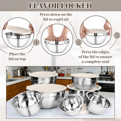 Stainless Steel Mixing Bowls Set by [Brand Name] - 7PCS with Lids for Baking & Meal Prep | Dishwasher Safe, Khaki