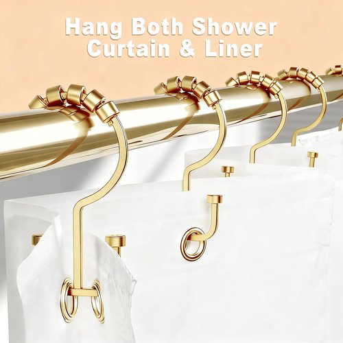 BBV Shower Curtain Hooks Rings, 12 Pcs Rust Resistant Metal Double Glide Shower Hooks for Bathroom Shower Rods Curtains (Gold)