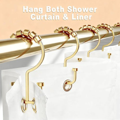 BBV Shower Curtain Hooks Rings, 12 Pcs Rust Resistant Metal Double Glide Shower Hooks for Bathroom Shower Rods Curtains (Gold)