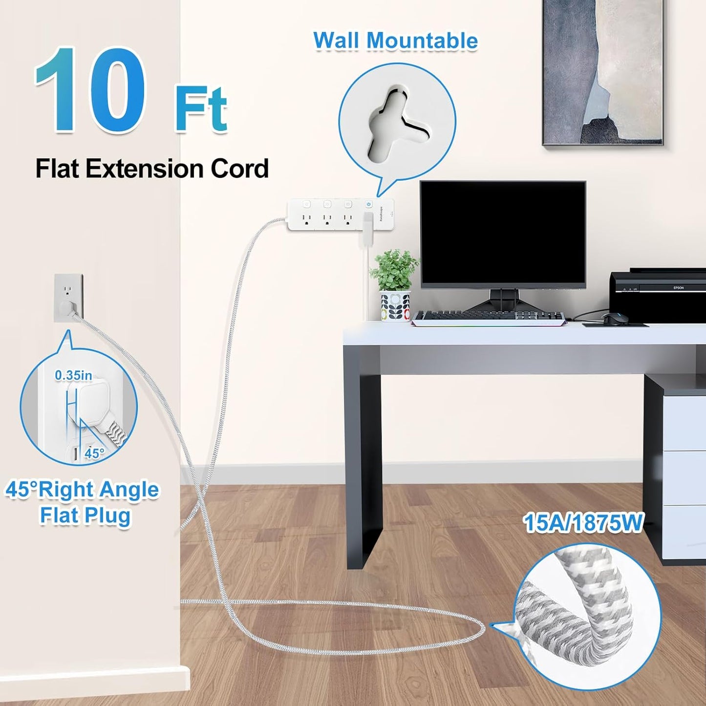 Skiennix 10 Ft Surge Protector Power Strip - 8 AC Outlets & 4 USB Ports | Flat Plug with Individual Switches for Home & Office
