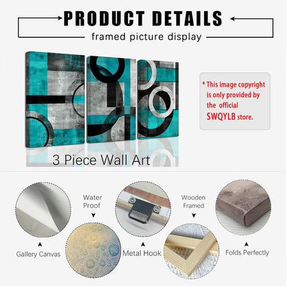 SWQYLB Teal Abstract Wall Art - Blue & Gray Geometric Canvas Print Set | Framed 12" x 16" x 3 Pieces for Home Decor