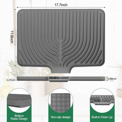 GUUKIN Dish Drying Mat - Easy Clean Kitchen Counter Pad | 17.7" x 11.8" | Multi-Functional Grey Design