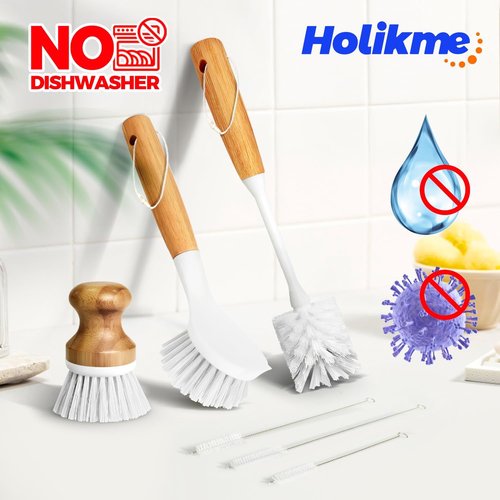 Holikme Dish Brush Set - 6 Pack with Long Handle, Bottle Brush & Palm Scrub for Easy Cleaning | White