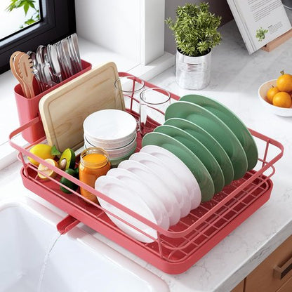 Kitsure Dish Drying Rack - Stainless Steel Kitchen Sink Organizer with Cutlery Holder | 12"W x 15.5"L, Red