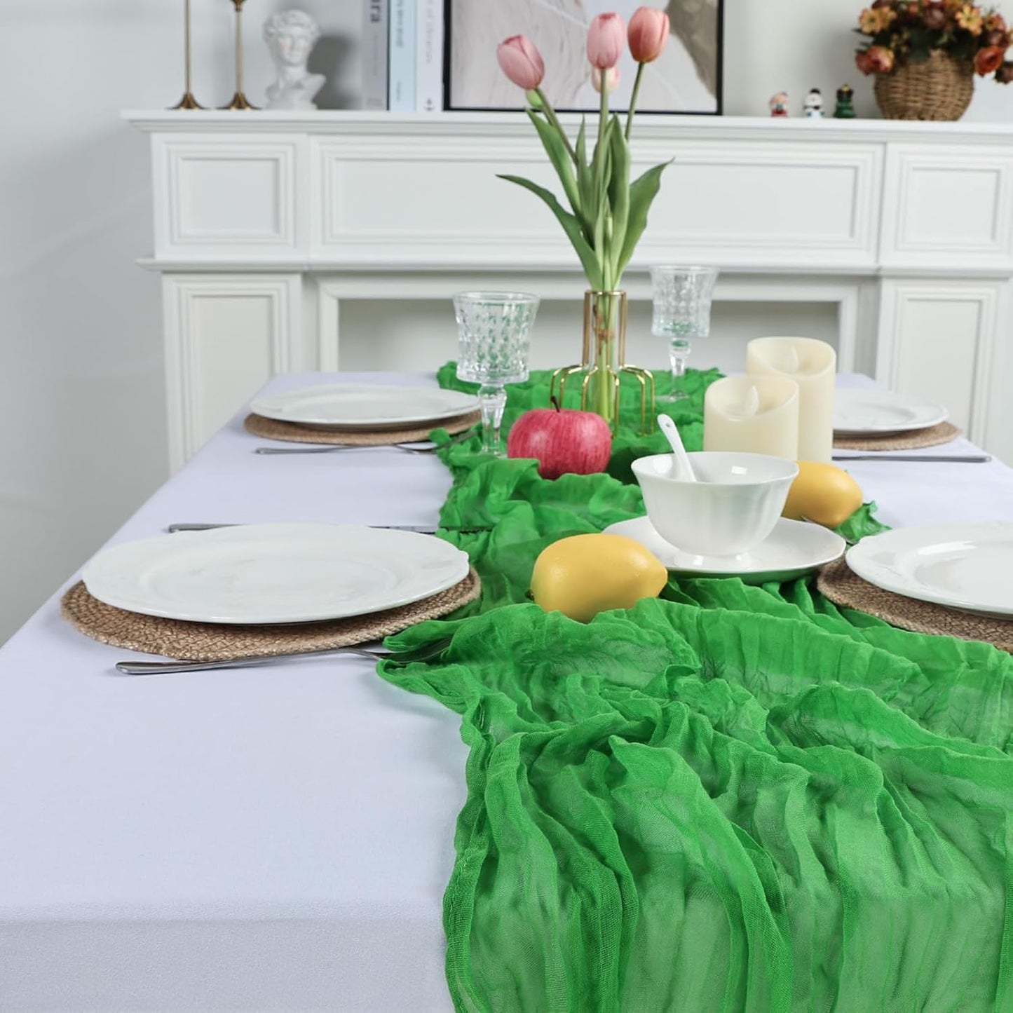 Skiennix 10ft Green Cheesecloth Table Runner - Rustic Boho Sheer for Easter & Spring Celebrations